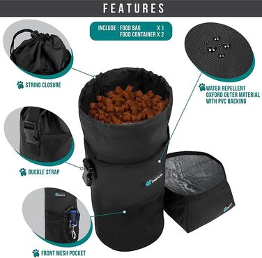 Сумка для корму для собак PetAmi | Сумка-переноска для сухого корму з розкладним набором мисок для води | Контейнер для корму для домашніх тварин для подорожей, кемпінгу, походів, аксесуари (чорний, сірий) Food Bag & Collapsible Bowls Чорний