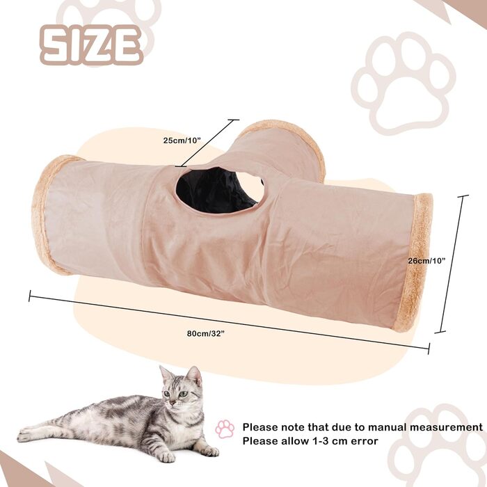 Туннель для котів Mymai з м'якого велюру, інтерактивний шуршачий тунель з 2 іграшками, для кошенят, кроликів та інших дрібних тварин (Хакі, B)