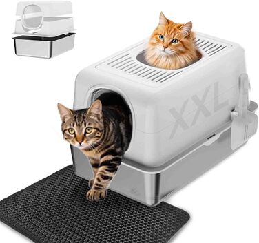 Набір для туалету котів з нержавіючої сталі з кришкою, великий, для великих котів, з совочком та килимком (білий)