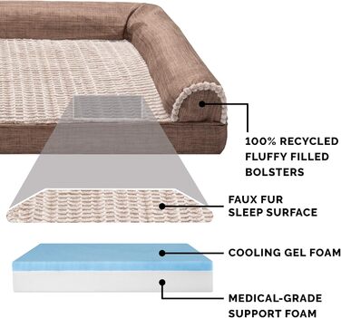 Лежак для собак і котів Furhaven Sofa, охолоджуючий гель, ортопедична піна, плюш, знімний чохол, велика, Woodsmoke