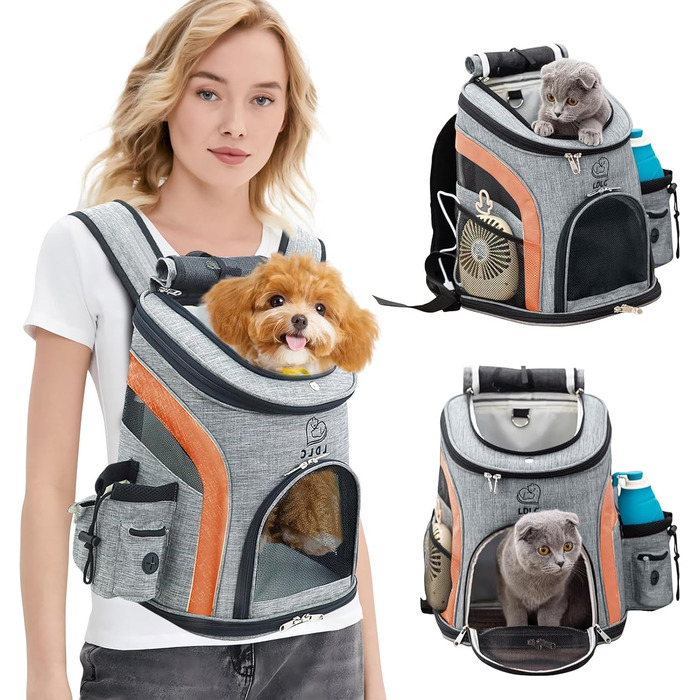 PETCUTE Рюкзак для собак та котів, дихаючий, з внутрішнім ременем безпеки, регульований, з бічними кишенями, для подорожей, прогулянок, велосипедних поїздок (Помаранчевий)