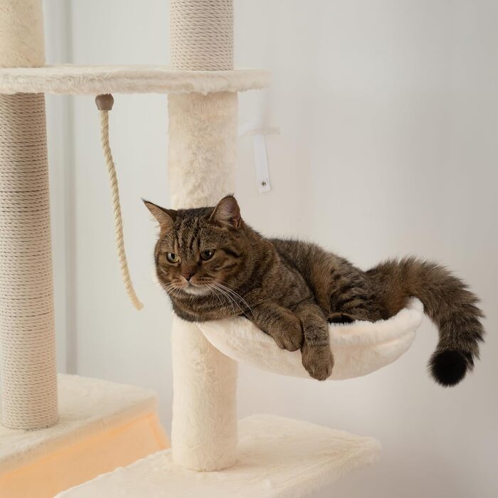 PawHut Дряпка для котів 225-255 см, 7 рівнів, з гамаком, платформами, іграшковим м’ячем, бежево-сіра