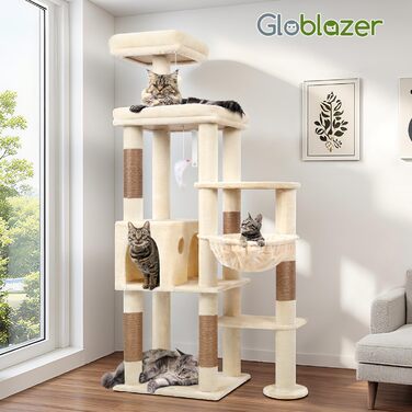 Дерев'яний комплекс для котів Globlazer XL, 167 см, бежевий: будиночок, когтеточка, платформа, іграшки для котів. Стабільний для 2-4 котів