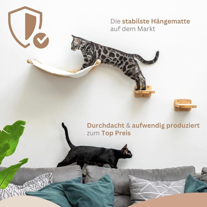 AZANO Стіна для лазіння для котів з гамаком XL, дерев'яна котяча полиця, котяча драбинка зі спальним місцем, три частини, надміцна конструкція