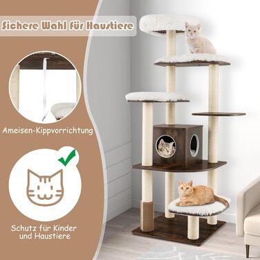 Кліматичний комплекс для котів GOPLUS Katzenbaum 175см, 6 платформ, будиночок з дерева, когтеточка, ігровий комплекс, меблі для котів (Коричневий)