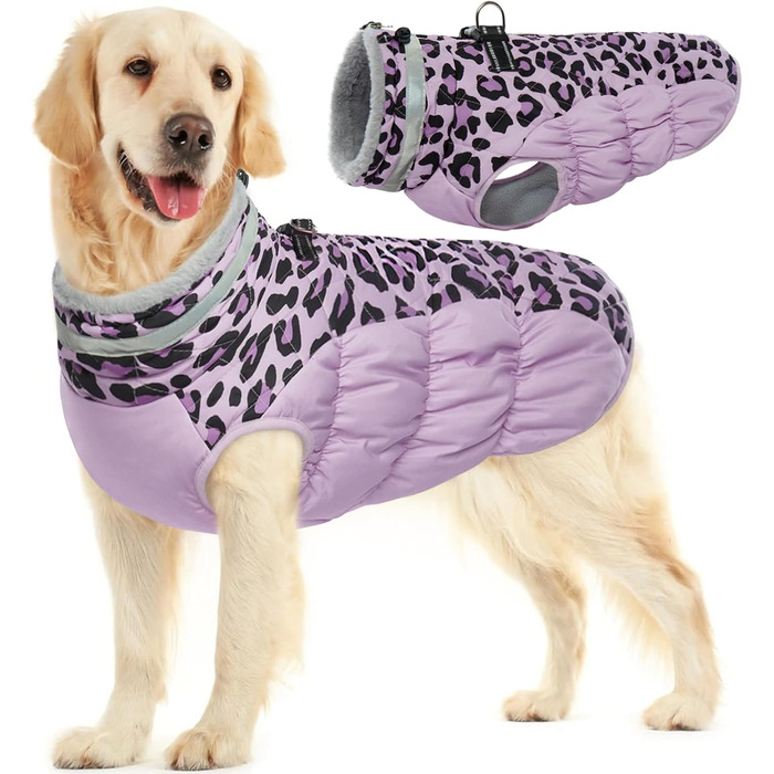 Зимовий одяг для собак FUAMEY – тепла куртка для собак з блискавкою, вбудованим шлейкою, м'якою підкладкою, водонепроникна, зі світловідбиваючими елементами – рожевий леопардовий принт, розміри S, M, L (Великий(обхват грудей: 61 см), фіолетовий леопардови