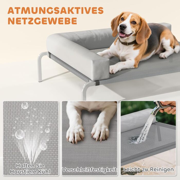 Лежанка для собак PawHut Outdoor, піднята лежанка для середніх собак, охолоджуюча лежанка для домашніх тварин з L-подібною подушкою та антиковзними ніжками, лежанка для собак на вулицю, кемпінг, 110x75x30см, світло-сіра
