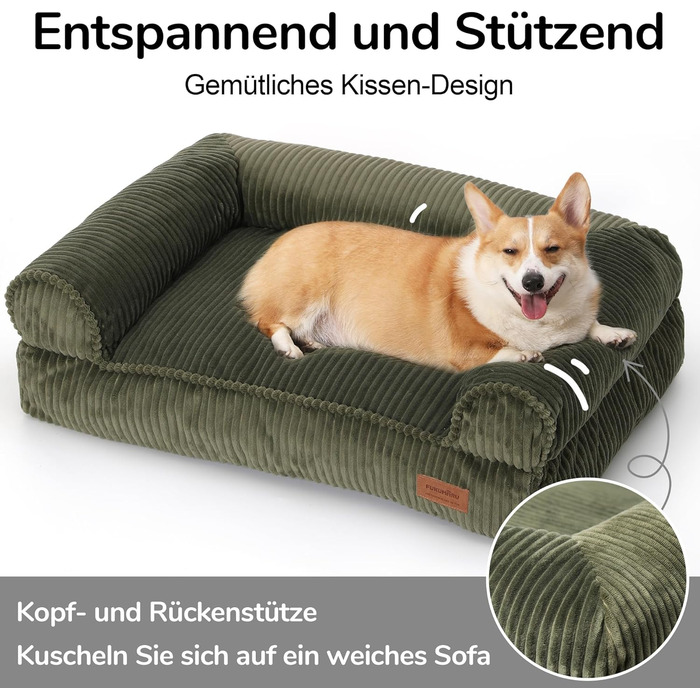 Крісло-ліжко для собак великих порід FUKUMARU, м'яке та зручне, з водонепроникним покриттям, з тканини Cord, можна прати, не ковзає, знімний чохол на блискавці, 93 x 63 x 22 см, зелене