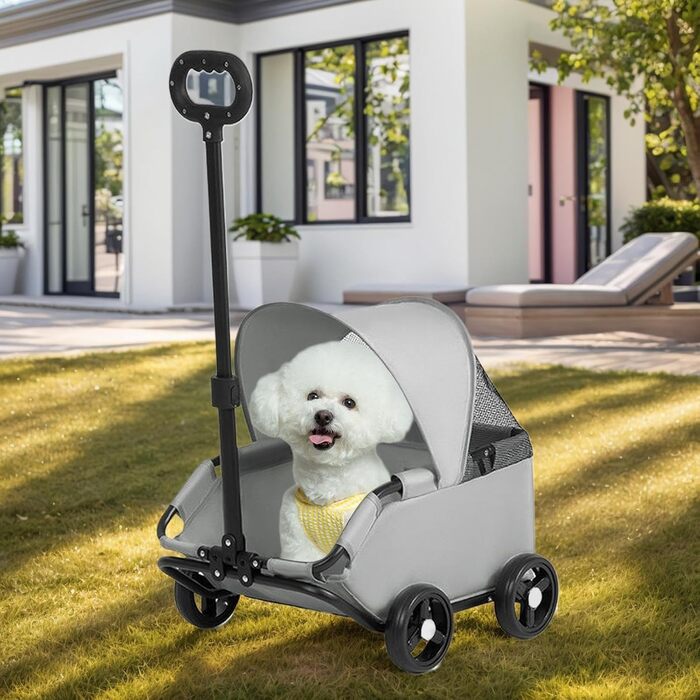 Транспортний візок для собак, маленький візок-будка, складаний з ременем безпеки, сірий, легкий, для собак до 7 кг, для перевезення, прогулянок на вулиці