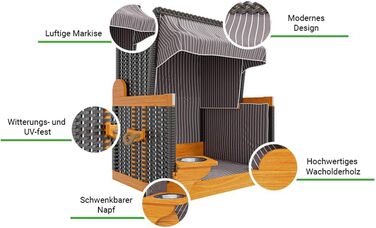 Клітка-лежанка для собак Outgarden з дерева, з тінню та мисками | Лежанка для собак маленьких порід | Чорний з блакитно-білим | Темно-синій матеріал