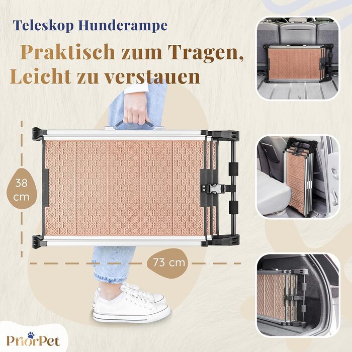Рампа для собак у машину Klappbar - Складана, стабільна, протиковзка, для автомобілів та SUV до 90 кг, телескопічна алюмінієва рампа, з світловідбиваючими смугами, кріпильний кліп, для великих собак