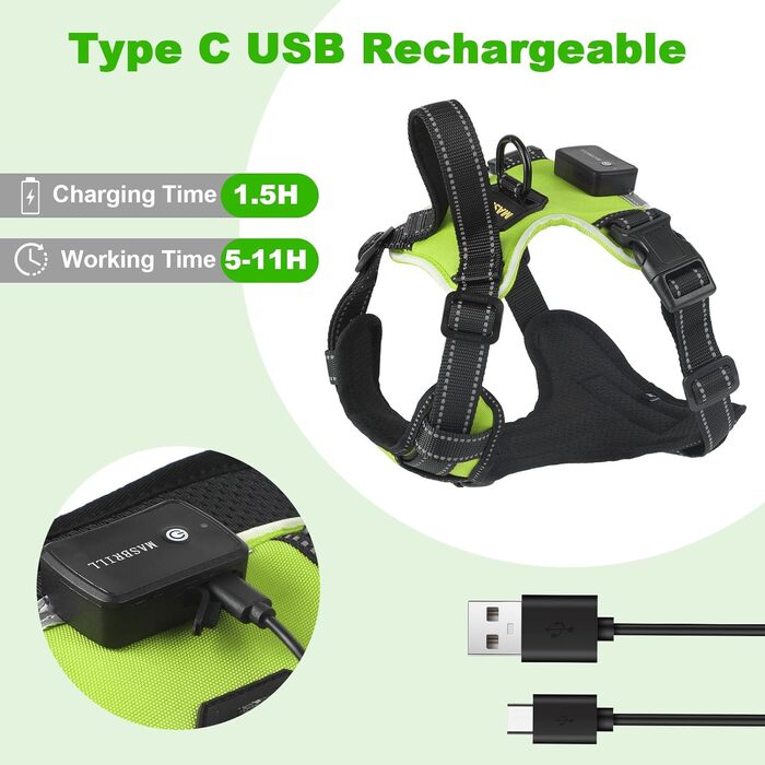 Нашийник для собак Masbri з підсвічуванням, регульований, світловідбиваючий, з ручкою, м'який, світловідбиваючий, для собак середніх та великих порід, чорно-білий, TC3005B, чорно-білий (L, зелений)