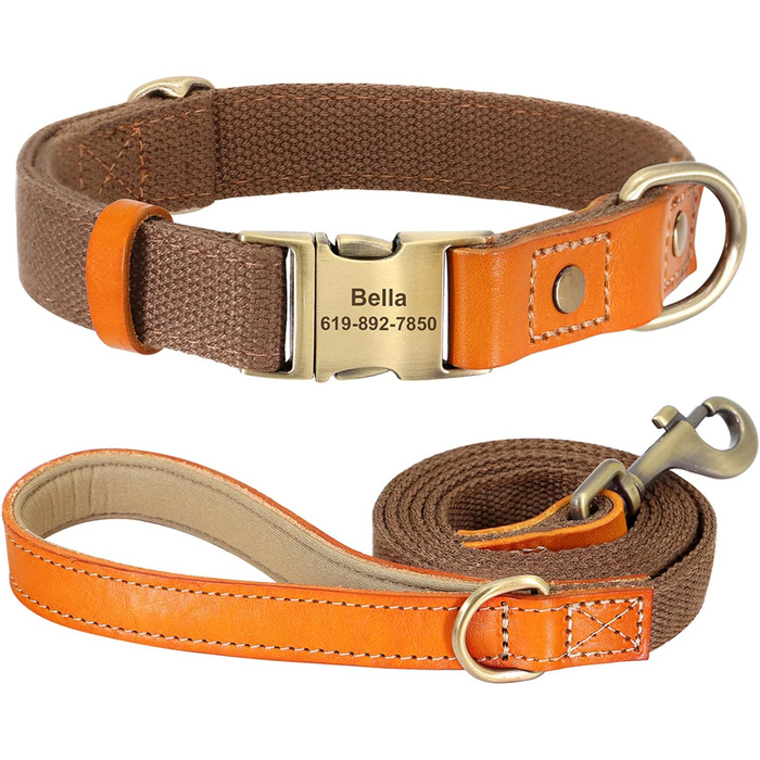Персоналізований нашийник та поводок для собак з нейлону, шкіри, коричневий (L)