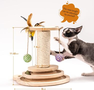 Іграшка для котів MEWOOFUN з дерева, роликовий іграшковий центр з двошаровим обертовим диском, інтерактивна іграшка з пір'ям, 3-в-1 іграшка для кошенят з інтерактивними м'ячиками та висячими кульками, дряпка для котів (маленька)