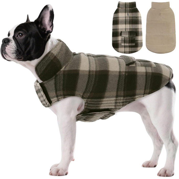 ASENKU Теплий зимовий одяг для собак маленьких порід. Зимова куртка для собак, флісова, реверсивна, водонепроникна, вітрозахисна, з отвором для повідка. Колір: зелений (M, коричневий)