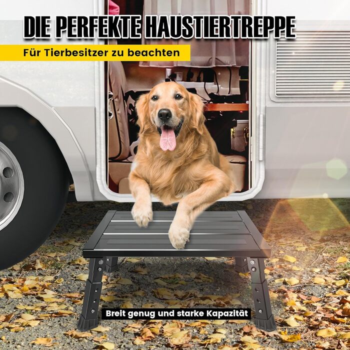 Алюмінієва розкладна сходинка-підставка, 300 кг, 3 сходинки, регульована висота, широка антиковзка поверхня, для автодому, саду та сходинок для собак, легка та складна (Чорний)