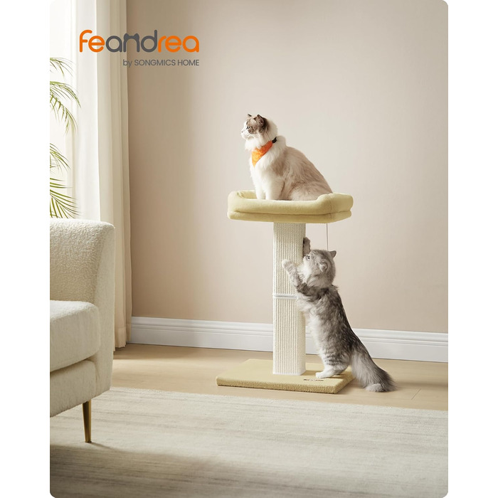 Котячий дряпак Feandrea 71 см, з плюшевою платформою 40x30 см, сизалевою стовпчиком та підвісною іграшкою, бежевий
