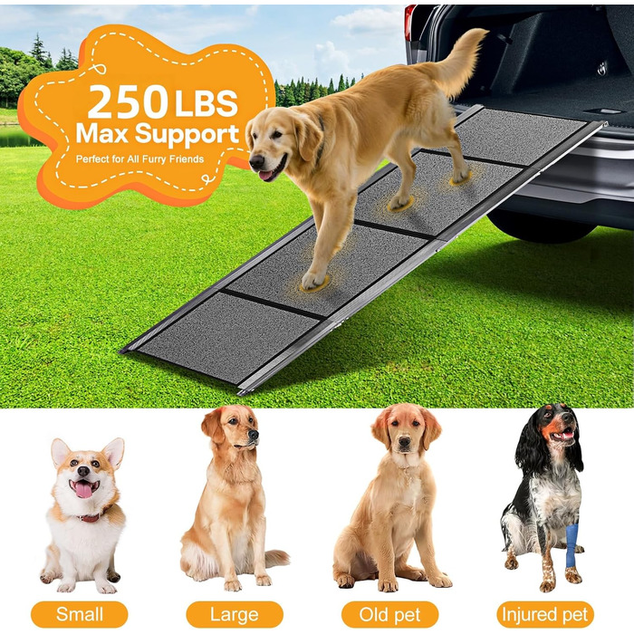 Рампа для великих тварин, 170.2 см x 43.2 см, розкладна, алюмінієва, з водонепроникним килимком, до 113 кг, для великих собак, підходить для SUV