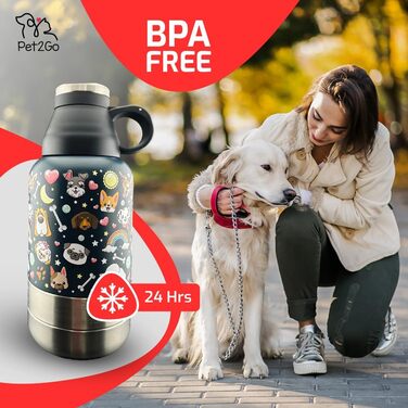 Пляшка для води PET2GO для собак 900 мл з контейнером для ласощів і знімними мисками, ізольований портативний нержавіючий поїльник для домашніх тварин, аксесуари для собак, для прогулянок і подорожей, сірий