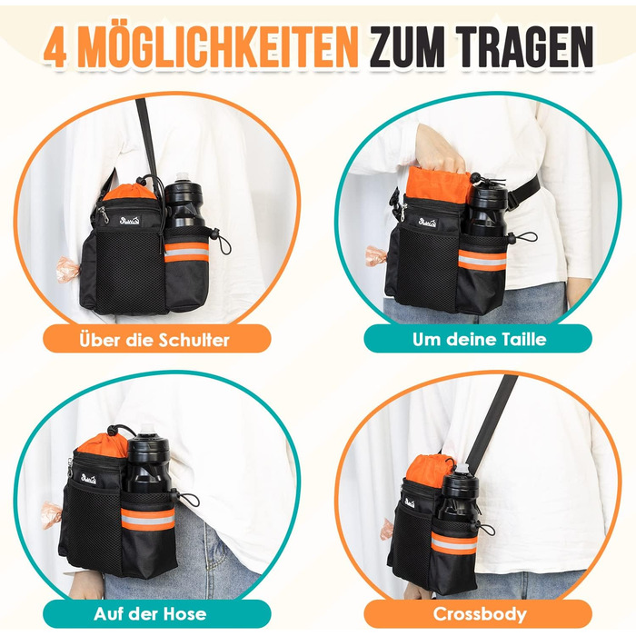 Сумка для ласощів для собак з диспенсером для пакетів та тримачем для пляшки, 3 способи носіння, регульований ремінь/ремень/кліпса, зелено-помаранчевий