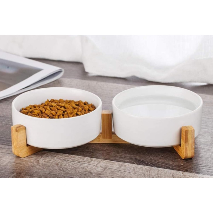 Керамічна миска для собак та котів 2 шт. з підставкою з бамбука, 600 мл, антиковзна, для годування, миска для тварин