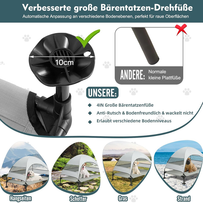 Лежанка для собак Snagle Paw з дахом, підвищене ліжко - стабільне собаче ліжко з антиковзкими ніжками, широка тінь - водонепроникна для великих собак в приміщенні/на вулиці, кемпінг та сад (Сірий, L106 x B76 x H84 см)