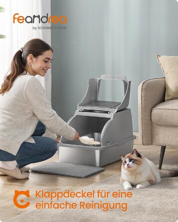 Сталевий лоток для котів Feandrea XL з кришкою, для великих котів до 15 кг, колір: голубино-сірий