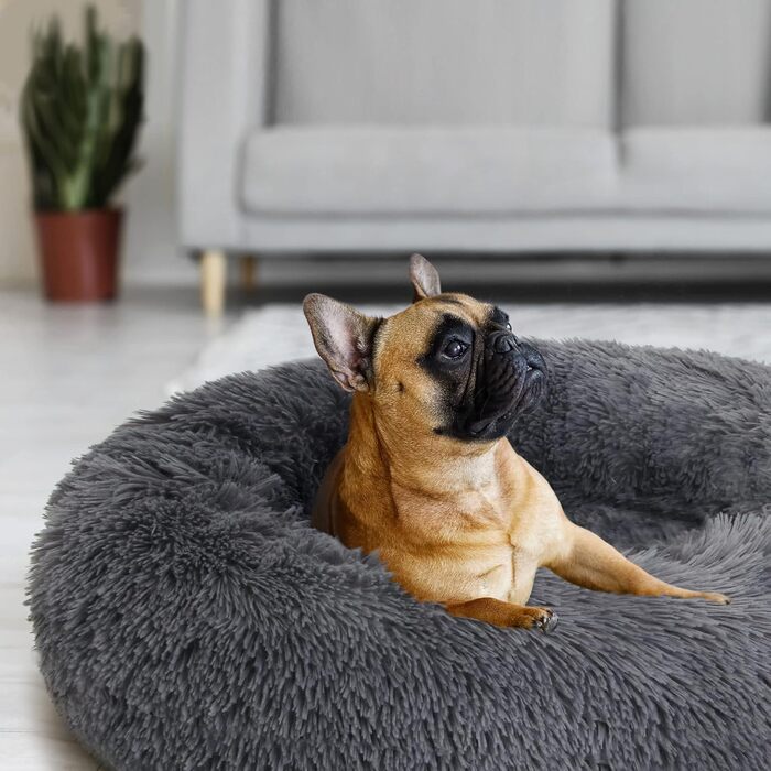 Кругле ліжко для собак та котів Lucky Sign, XL, 70 см, м'яке, плюшеве, тепле, сіре, для великих собак та котів