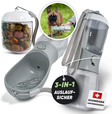 Поїлка-фляга для собак 300 мл - 3 в 1 | Фляга для води для собак, виготовлена з BPA-free матеріалу, з функцією автоматичного наповнення | Підходить для маленьких та середніх собак, сірого кольору