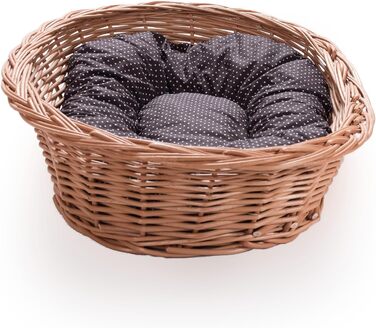Плетене ліжко для собак та котів Wiklinowy Świat - ліжко з ротангу для домашніх тварин, 66x47x15 см, з коричневим подушкою в крапку