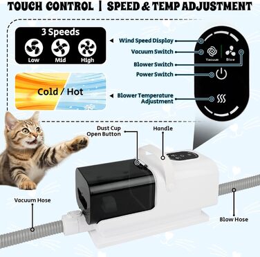 3-в-1 Машина для стрижки собак з пилососом, машинка для стрижки котів та собак з 6 гребінцями, пилосос для собак 2.2л з щіткою, фен для собак з 13 інструментами, 3 режими повітря, холодний/гарячий потік