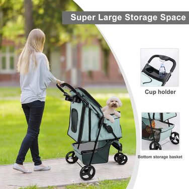 Дитяча коляска для тварин, складана, для котів/собак, з кошиком для зберігання та тримачем для напоїв, 3 колеса, для собак та котів, для маленьких або середніх собак, котів, цуценят (Блакитно-зелений)