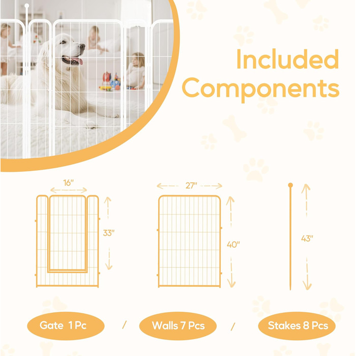 Загін для собак, 101,6 см, 8 панелей, міцний метал, для дому та вулиці, кемпінг, двір, автокемпер, садовий загін, приватність, тераса, білий