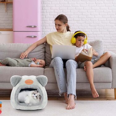 Кігтеточка-будиночок для котів, м'яке ліжко-хатинка, тепле затишне місце для сну, сірий колір