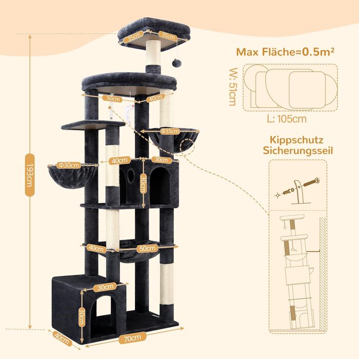 Драбина для котів Globlazer 193 см з будиночком, гамаком, великою платформою та іграшками. Стабільна для 3-5 котів (XXL, темно-сірий)