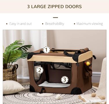 PawHut переносна сумка для собак та котів, складана, з вікнами, м'який килимок, 2 плечові ремені, 60x41x41 см, коричнева