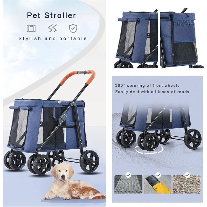 Візок для собак великих порід, прогулянковий візок для тварин до 30 кг, універсальний для собак, котів та інших домашніх улюбленців. Складаний, сірий колір.