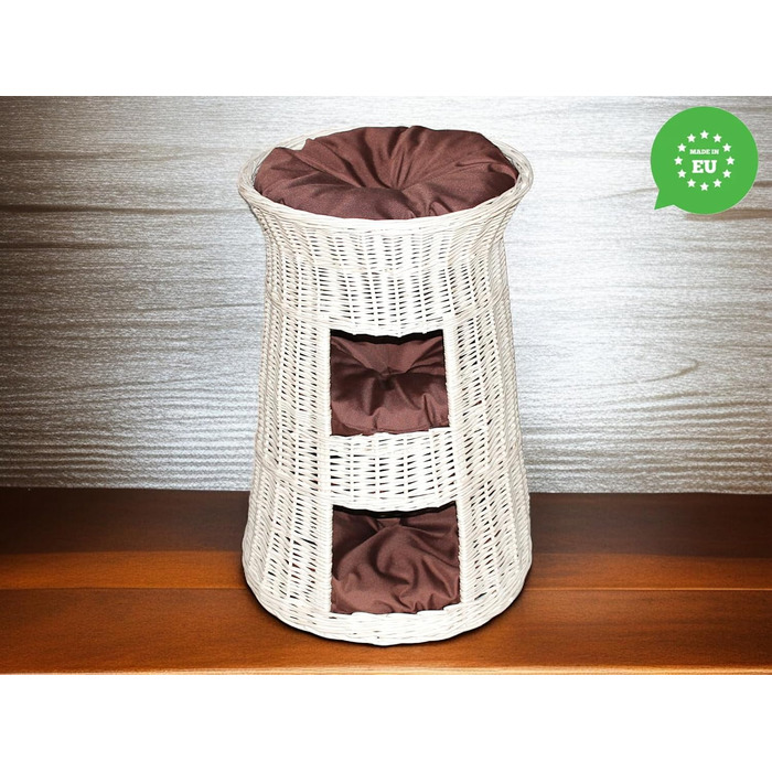 Кігтеточка-ліжко для котів: кругла хатинка з ротанга, триярусне ліжко для собак та котів, колір - білий, з коричневою подушкою