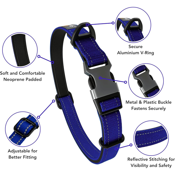 Нашийник для собак великих порід, світловідбиваючий, з підкладкою, регульований, з металевою застібкою, алюмінієве кільце (L, блакитний)