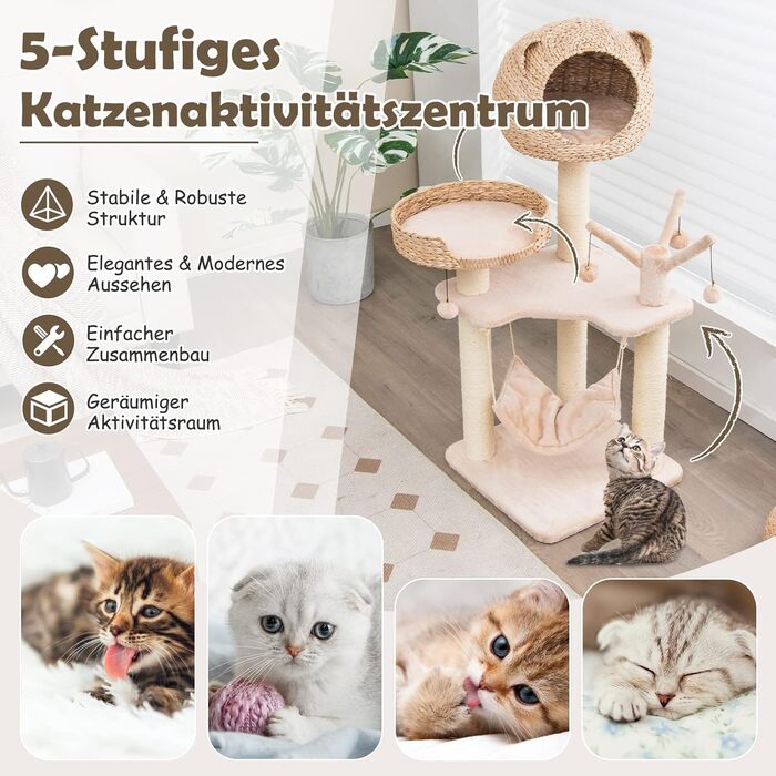 Котячий комплекс COSTWAY 121 см з будиночком, когтеточка, гамак, 4 м'ячі, лежак, котяче дерево з плюшу, меблі для котів