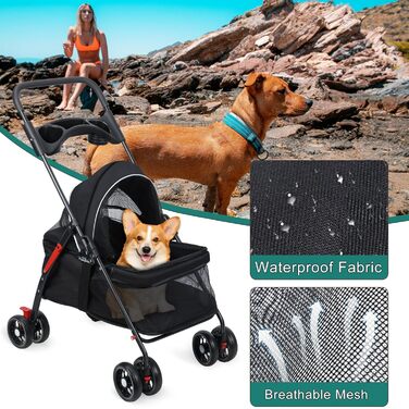 Візок для собак 2 в 1, бугі для собак до 20 кг, 4 пари поворотних коліс на 360°, візок-клітка для собак/кішок/дітей з тримачем для напоїв, складний візок для маленьких/середніх собак і котів чорного кольору