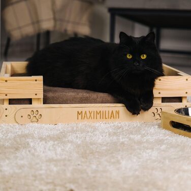 Персоналізоване ліжко для котів LAUBLUST з іменем - гравіювання лапок та імені - котяче ліжко/софа для великих та маленьких котів | Ліжко-лежанка з дерева з подушкою | приблизно 60x40x15см, коричневе з коричневою подушкою
