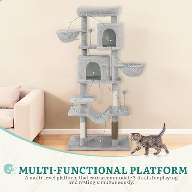 Котячий комплекс YITAHOME для великих котів з дряпалкою, будиночком та платформами, сірий, 157 см