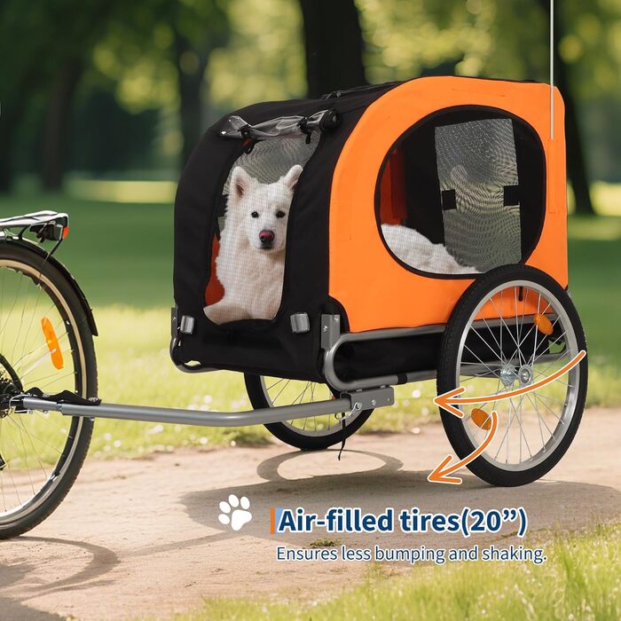 Дитячий велосипед-причеп для собак до 40 кг – з безпечною лідкою, прапорцем, 20-дюймовими шинами, амортизацією, водонепроникним покриттям з ПВХ, сталевим каркасом, вентиляційними вікнами – помаранчевий
