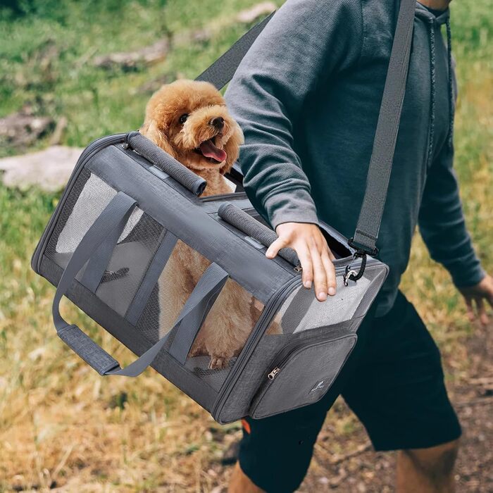 Транспортна сумка PETCUTE для котів середніх розмірів та маленьких собак до 17.5 кг, складана переноска з плечовим ременем та внутрішнім страхувальним шнуром, переноска для котів для подорожей, схвалена авіакомпаніями, темно-сіра