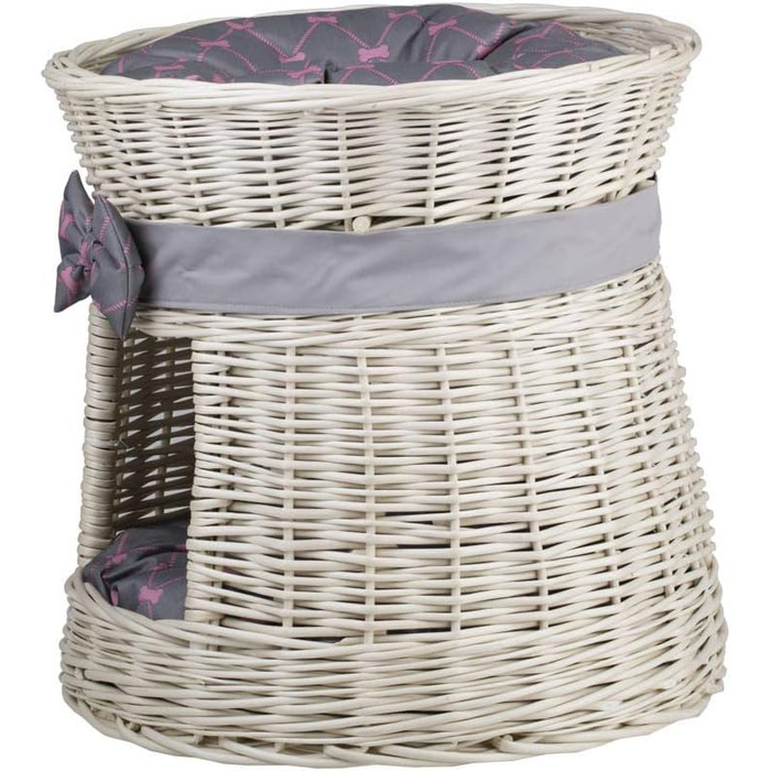 Кругла котяча хатинка e-wicker24 з плетіння, двоярусна, з подушкою та бантиком, котячий будиночок (кремово-сірий)