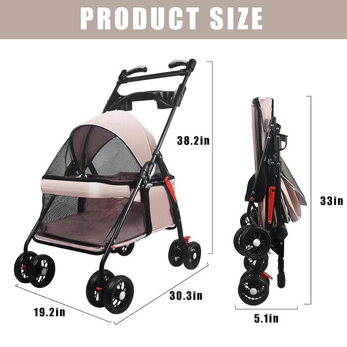 Дитяча коляска для тварин з відкидним відсіком для собак та котів, модель Jogger з кошиком для зберігання та тримачем для напоїв, 4 колеса, для собак та котів середніх та маленьких порід, з тримачем для напоїв (B, JY-Pink)