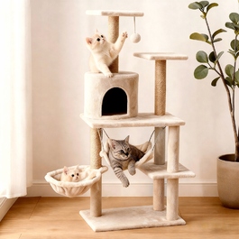 Великий бежевий ігровий комплекс для котів із стовпчиком-дряпкою та гамаком, 137 см