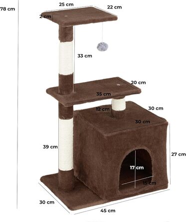Baroni Home Когтеточка для котів, двоярусна, з іграшкою і домиком, 45x30x78 см, коричнева