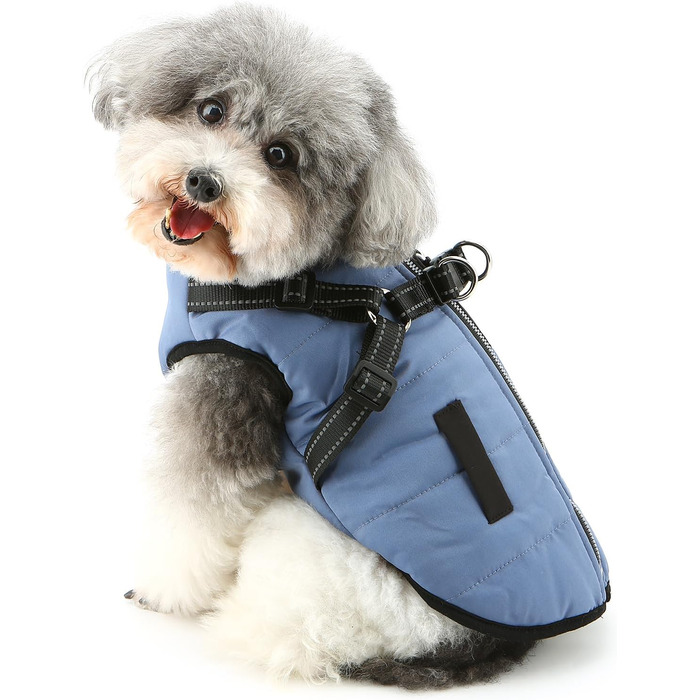Тепла куртка для собак Yorkie та Chihuahua з підкладкою з флісу та інтегрованим повідком, вітронепроникна, (S, блакитна)